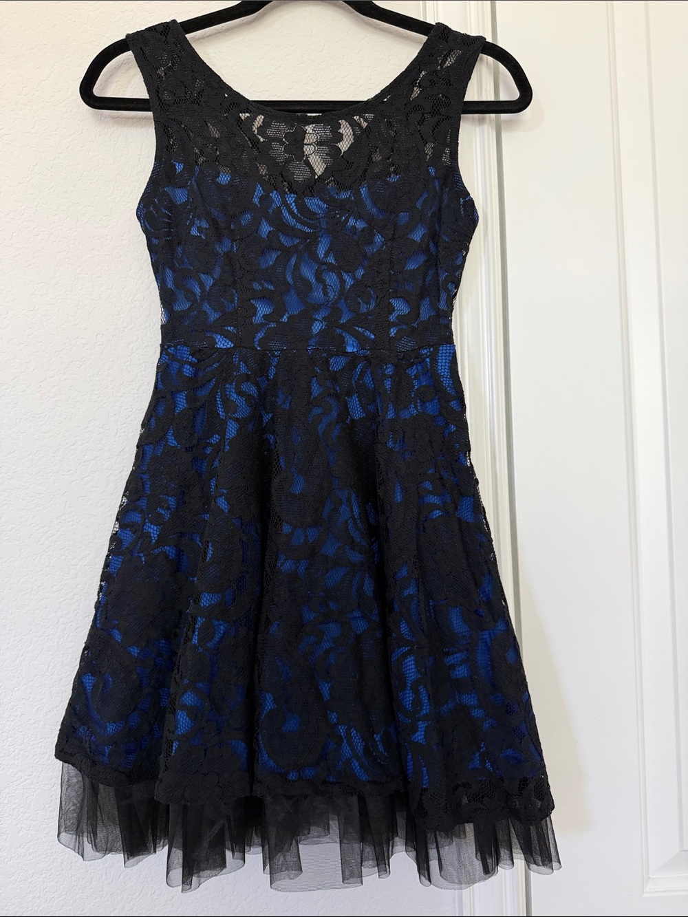 Girls Black Lace Overlay Dress with Blue Lining - Formal Occasion